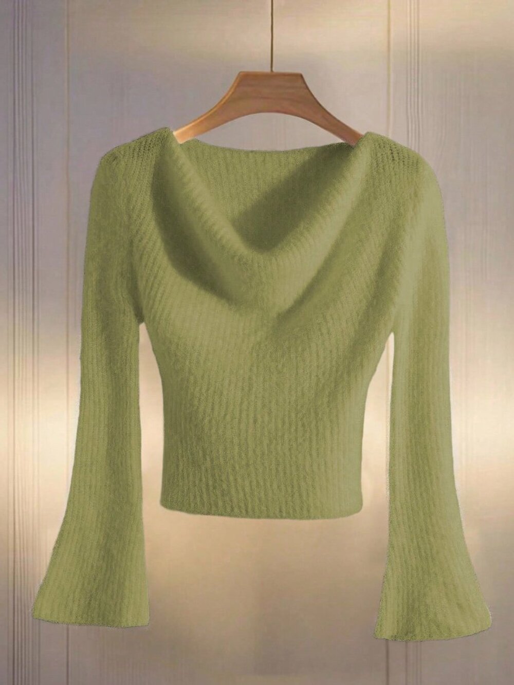 Green Women's Ruffled Collar Long Flare Sleeve Knit Sweater